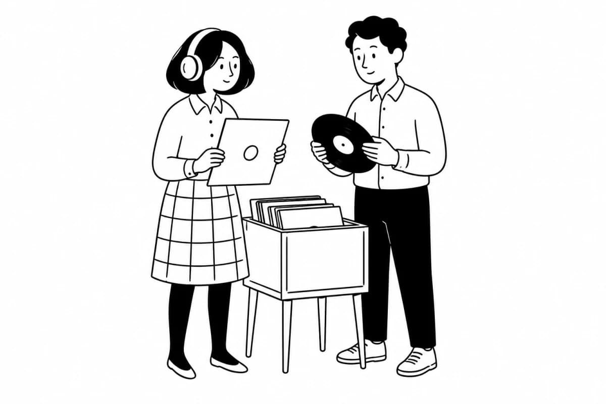 함께 음악 컬렉션을 정리하는 두 사람의 손그림