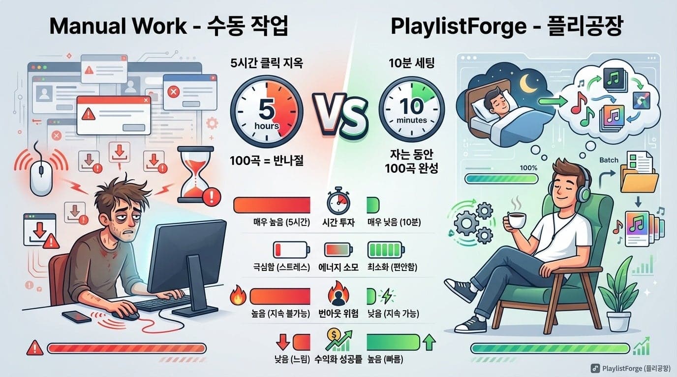 수동 작업 5시간 vs 플리공장 10분 비교